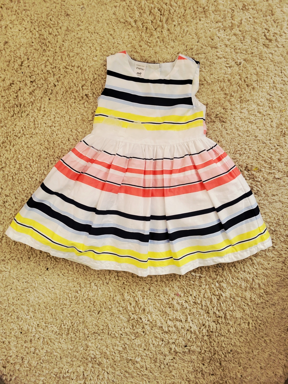 Children's Striped Summer Dress - White with Coral, Yellow & Navy Sz 9mos